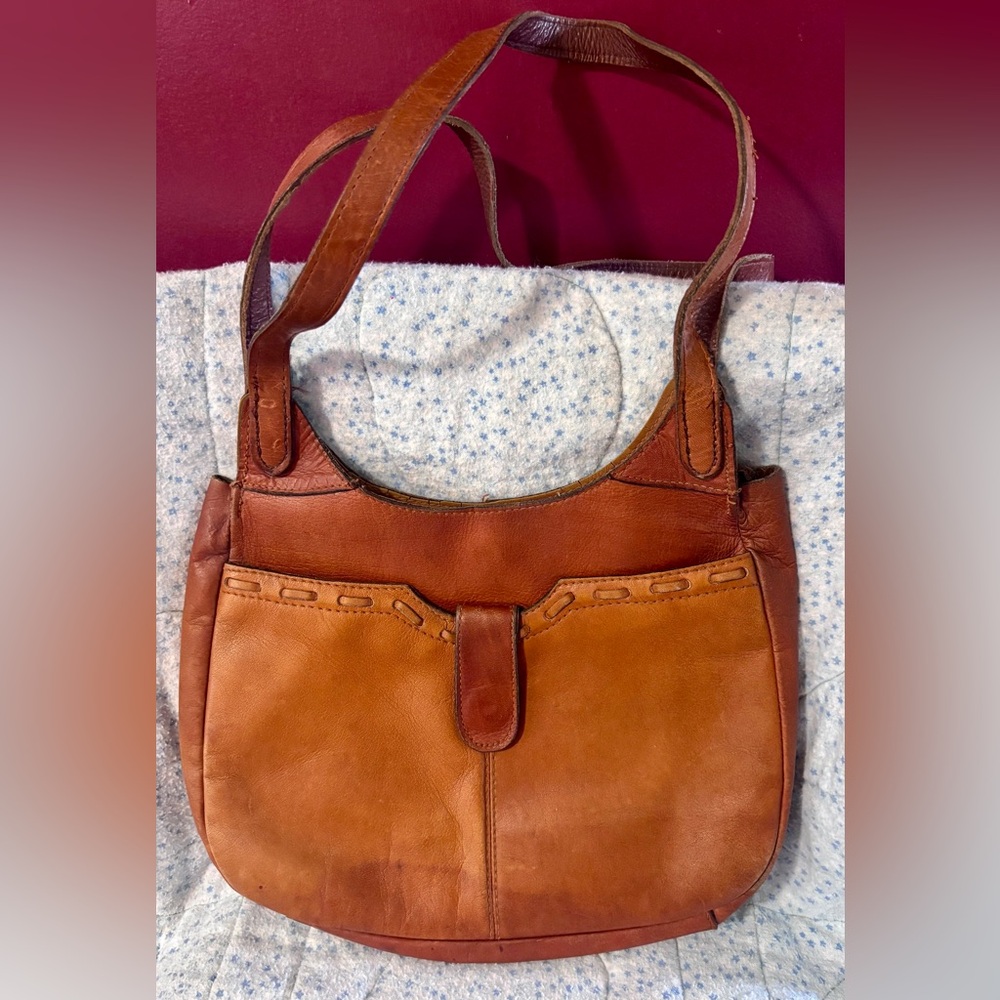 Vintage Leather Purse Brown tote Satchel 70s Hippie Style Shoulder Bag